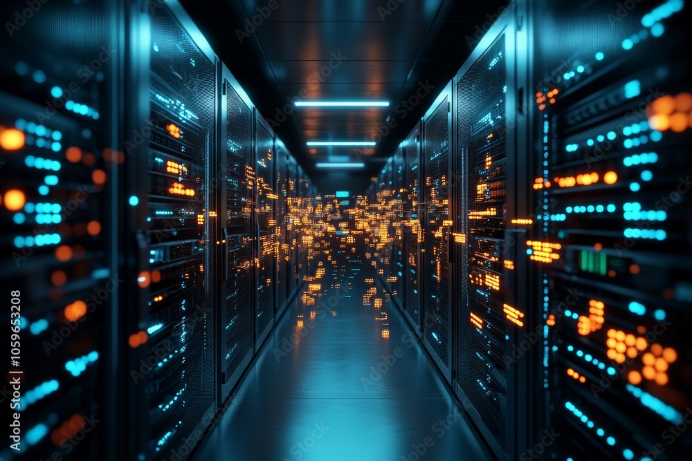 Poster a brightly lit corridor in a data center with visible data streams and technology, embodying connect