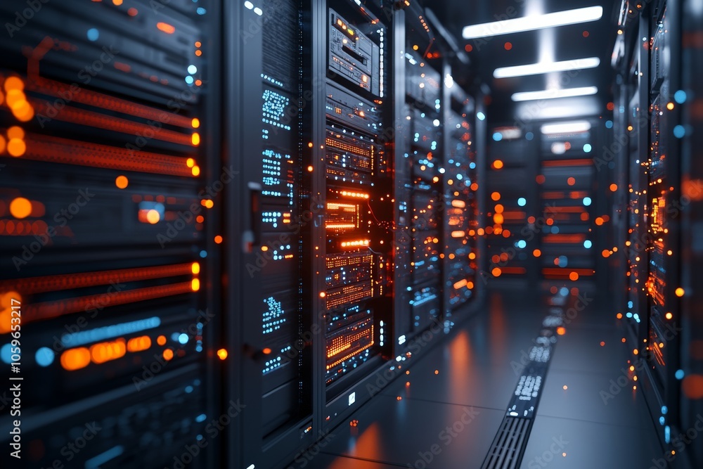 Poster a vividly illuminated server room with sparks of light reflecting technological advancement, showcas