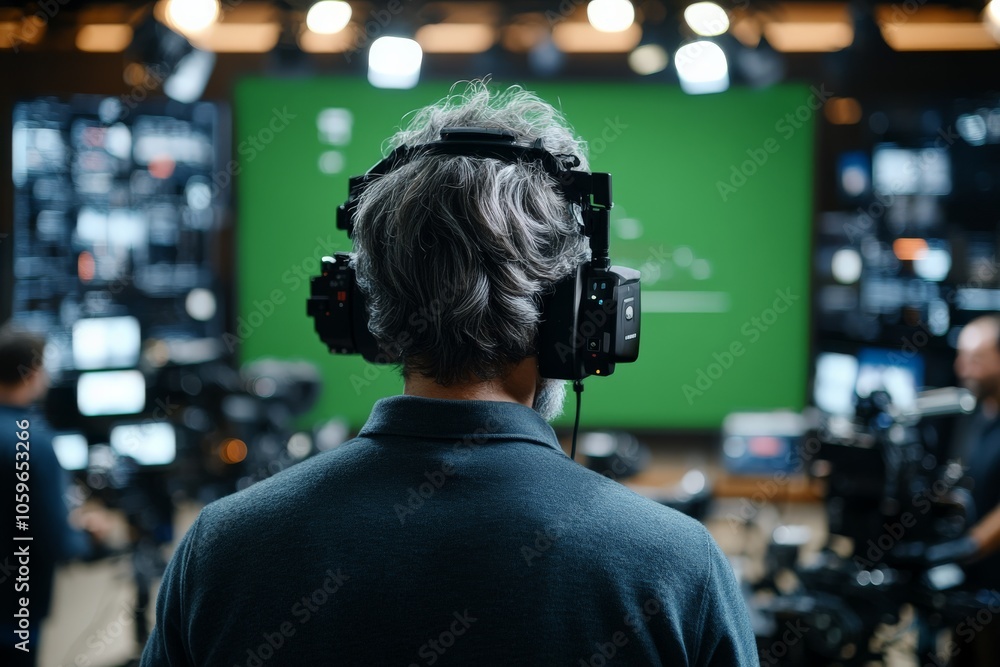 Aufkleber from behind, a person immersed in virtual reality is observed in a studio setup with green screen, h
