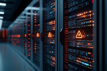 A data center hallway illuminated with glowing panels featuring warning signs, emphasizing themes of caution, security, and advanced technology in operations.