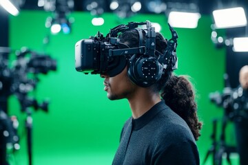 A young man wearing a virtual reality headset is profiled against a green screen, immersed in digital exploration, showcasing cutting-edge virtual experiences.