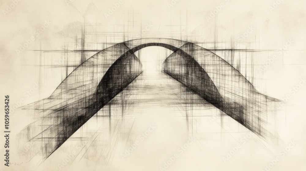 Poster a creative abstraction of a bridge showcasing unique geometrical lines that represent modern structu