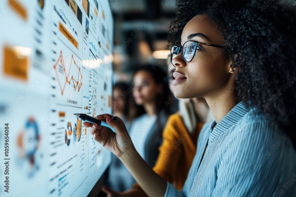 Poster a group of professionals studies data visualizations on a board, highlighting analytical thinking an