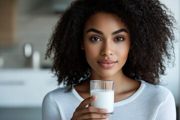 A young woman with curly hair is holding a glass of milk and smiling, symbolizing health, vitality, and the importance of nutrition in daily life.