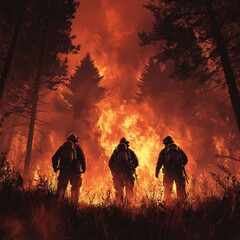Fototapeta premium Vector of firefighters battling a large forest blaze