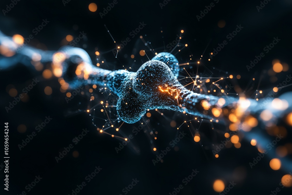 Poster a creative abstract depiction of a neuron and its glowing synapse, highlighting the intricate beauty