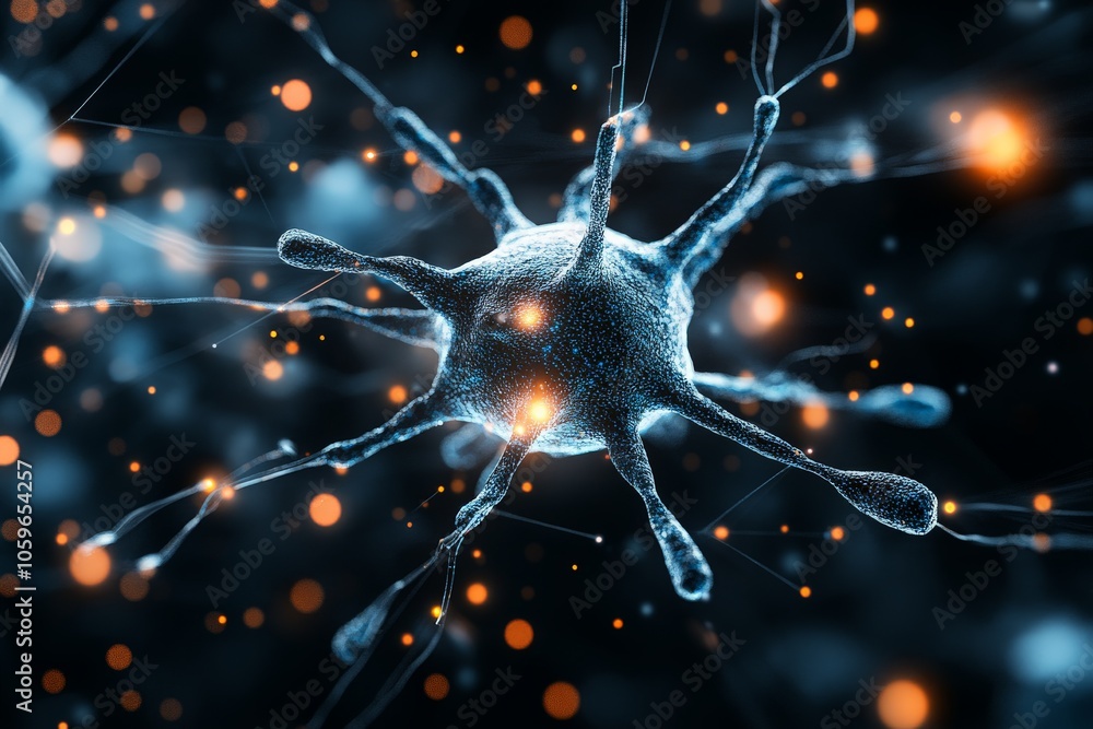 Poster an abstract digital illustration of a neural network, showcasing a detailed view with glowing connec