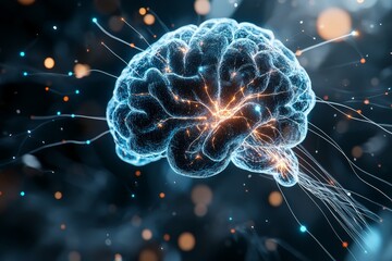 Obraz premium The image showcases a glowing brain, emphasizing its vibrant, interconnected neural pathways with dynamic, illuminated blue and orange synaptic connections.