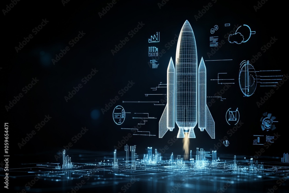 Poster A computer-generated image of a virtual rocket launching with complex data and network overlays, symbolizing technological advancement and scientific exploration.