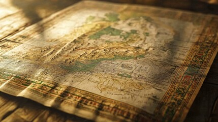 Close-up of an old, detailed map with a worn, textured surface, bathed in warm, golden light.