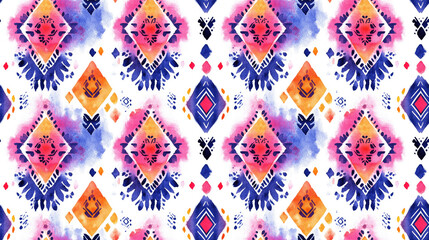 Fototapeta premium Vibrant watercolor boho seamless pattern featuring ethnic motifs ideal for fabric design wallpaper and swimwear applications tribal art