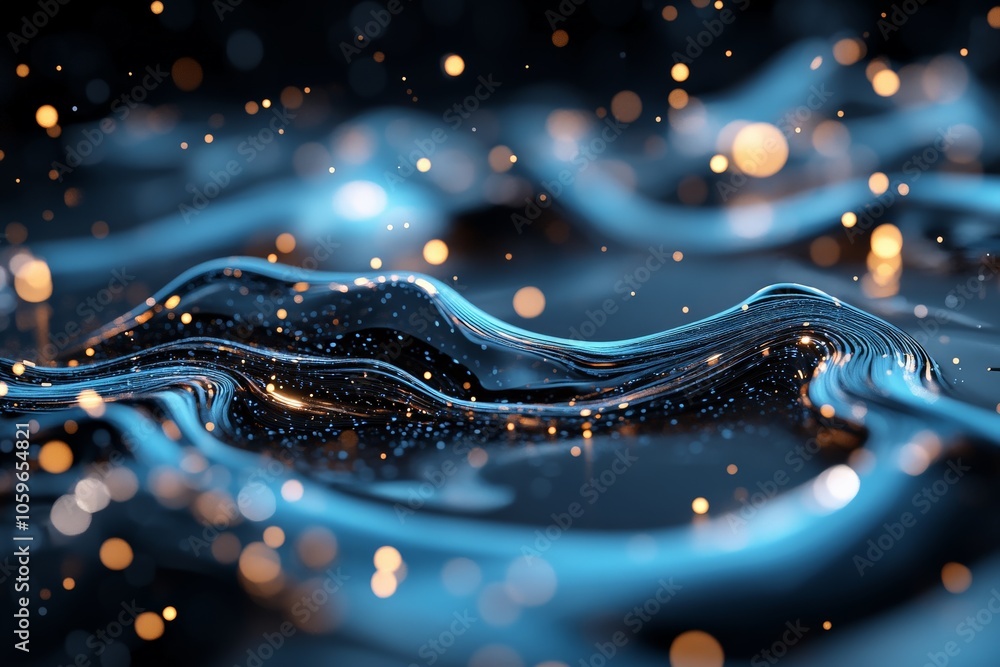 Poster this image depicts an abstract digital representation of flowing waves combined with cosmic splashes