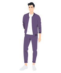 Vector illustration. A young man in a purple tracksuit with a white t-shirt. A bright, but restrained image that combines sportiness with fashionable style.