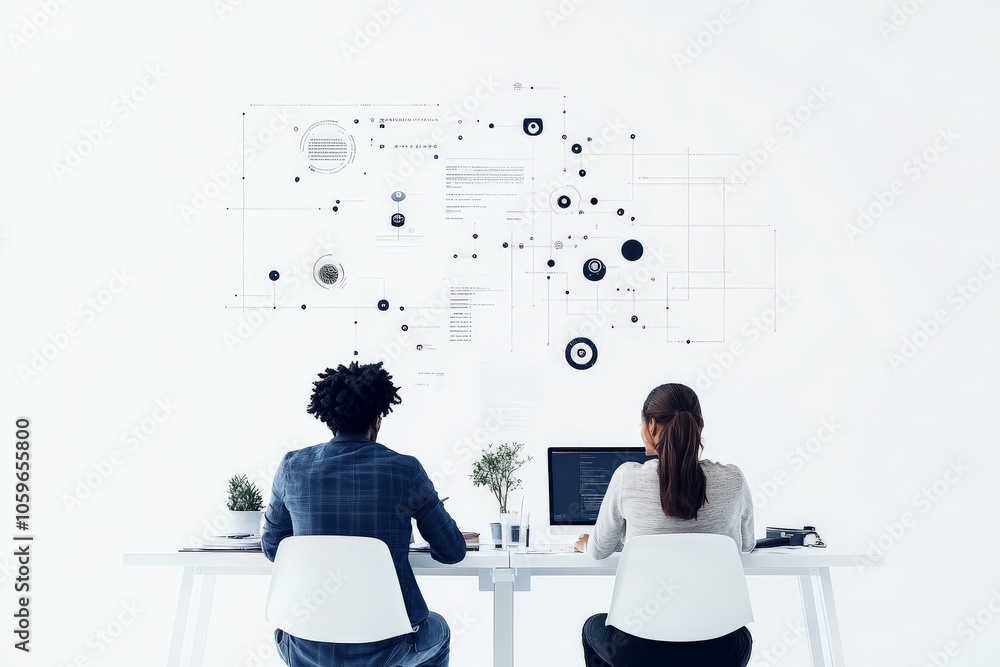 Poster two office partners engage in a minimalistic setting, focusing on advancing digital projects, surrou
