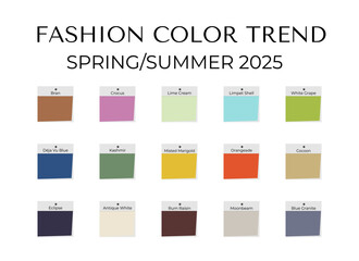 Fashion Color Trend Spring - Summer 2025. Trendy colors palette guide. Fabric swatches with color names. Vector template for your creative designs.