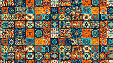 Fototapeta premium Colorful seamless ethnic tile pattern featuring intricate Indonesian patchwork and Moroccan mosaics ideal for textile or home decor design
