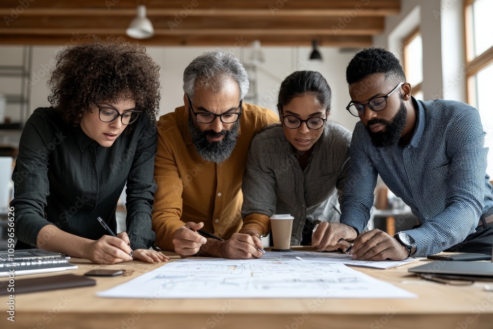 Aufkleber a diverse group of four professionals are intensely focused on a project, working together and leani