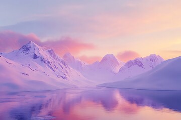 Montagnes enneig&eacute;es au bord d'un lac paisible au coucher du soleil..