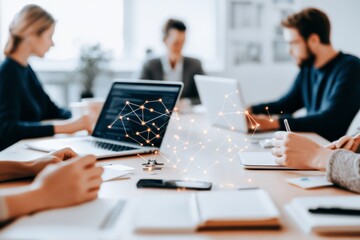 A bustling office with professionals working on laptops, networking with digital overlay representing connections and technology in a collaborative space.