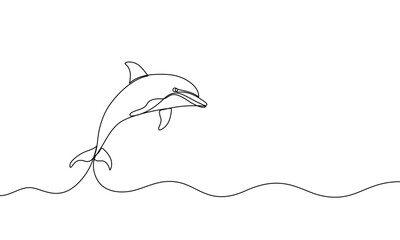 Fototapeta premium Banner continuous one line drawing dolphin. Sea animal, mammal. Hand drawn vector illustration, abstract silhouette, outline, line art