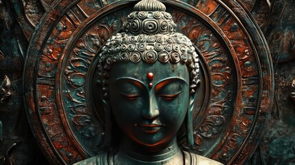 Fototapeta premium Close-up of a serene Buddha statue, with intricate details and a peaceful expression.