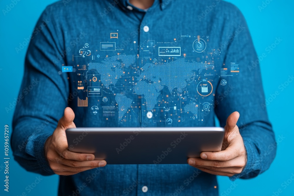 Aufkleber a futuristic representation of digital technology, showing a 3d map and data emerging from a tablet,