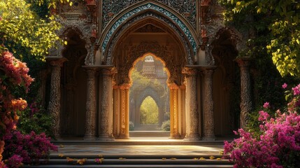 A grand archway leads to a mysterious garden, bathed in warm sunlight, promising a hidden world beyond.
