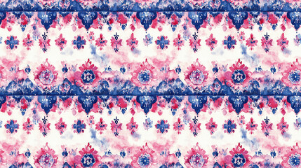 Seamless pattern of gentle tribe fabric print featuring Marrakech texture design summer geo border in pink hues watercolor majolica tile ideal for textile applications