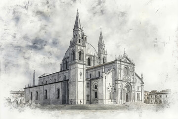 Fototapeta premium A drawing of a church with a cloudy sky in the background