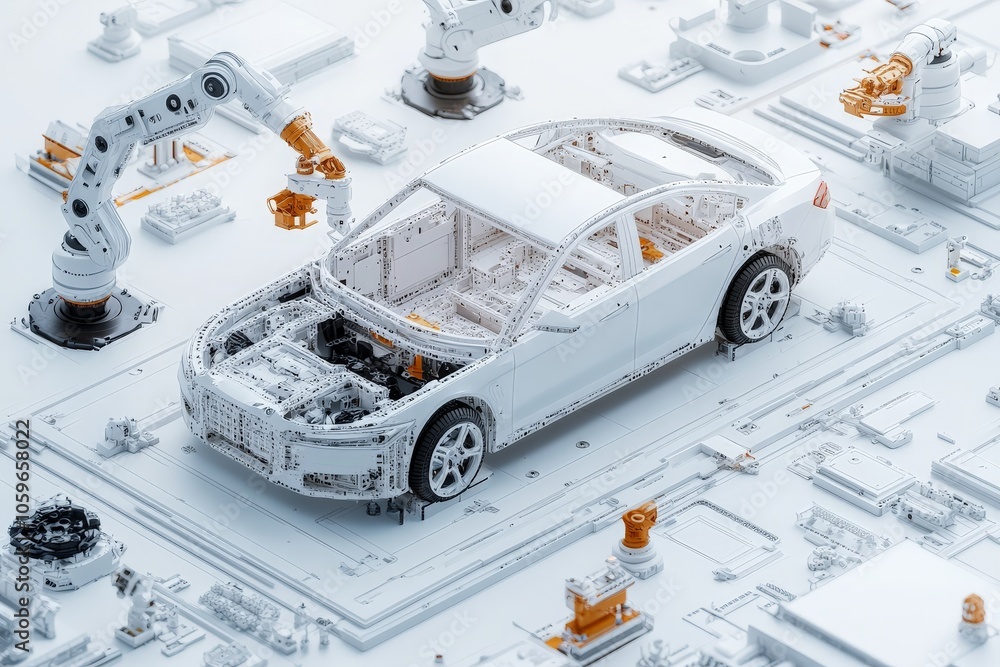Poster a futuristic car being assembled by robotic arms in a high-tech environment, showcasing advanced eng