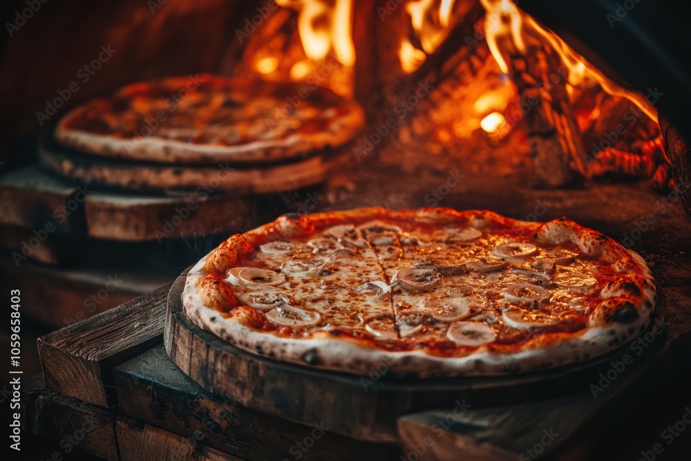 Aufkleber pizzas are baking in a hot oven with flames, producing a crispy crust and savory toppings, filling t