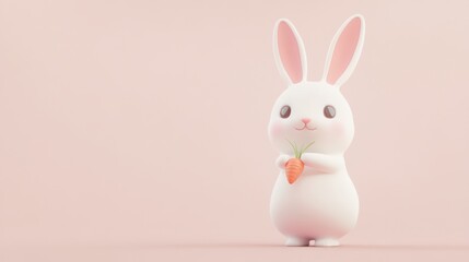 Obraz premium Cute white bunny rabbit holding a carrot on a pink background.
