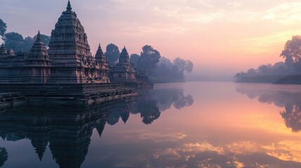 Fototapeta premium A serene temple complex on a misty morning, reflected in the still water.