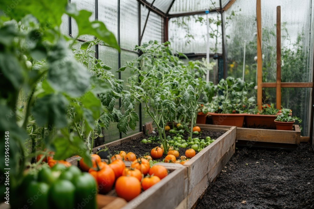 Poster a lush greenhouse showcases an array of tomatoes, cucumbers, and peppers growing in well-maintained 