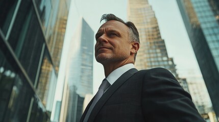 Fototapeta premium Confident businessman standing in a modern urban setting with skyscrapers reflecting the sunlight, showcasing ambition and professionalism
