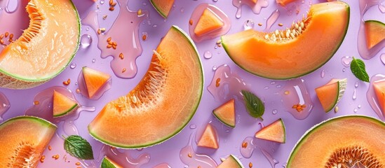 An array of juicy vibrant sliced cantaloupe and watermelon arranged on a purple background accented with fresh green mint leaves