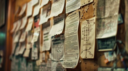 Cluttered bulletin board with pinned ads and announcements, creating a grungy background filled with vintage charm and community messages
