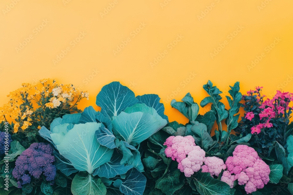 Poster Flowering cabbage and squash showcase their vivid colors in a sunny garden, creating a lively contrast with the bright yellow backdrop. Generative AI