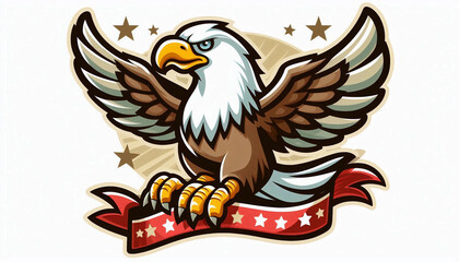 Fierce bald eagle in flight with red and white stars ribbon cartoon.
