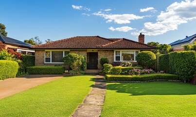 A charming suburban home is showcased with meticulously maintained landscaping, warmly illuminated by the afternoon sun, highlighting its desirable features and sold status