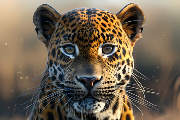 Fototapeta premium A stunning close-up of a majestic jaguar, displaying its powerful gaze and striking fur patterns, with a blurred background that highlights its presence.