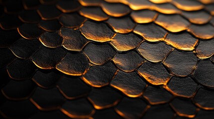 black snake scales with golden reflections, showcasing a rough texture and hexagonal pattern. Macro...