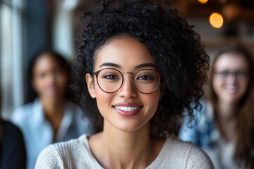 Obraz premium A woman with curly hair and glasses smiles warmly, exuding confidence and friendliness. Two blurred figures are seen in the background, adding depth to the composition.