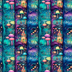 Fototapeta premium Enchanted forest scenes, watercolor, fantasy, whimsical mood, detailed trees and mystical creatures. Background, seamless pattern