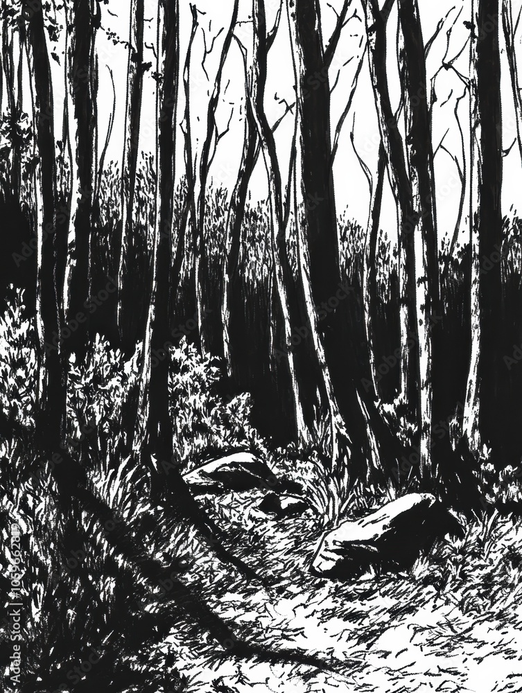 Poster A detailed black ink sketch reveals a dense forest alive with intricate trees casting shadows, inviting exploration and wonder. Generative AI