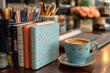 Organized workspace showing planner, coffee, and sticky notes.