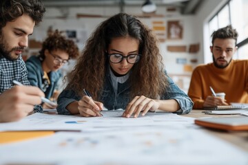 A focused team of four young adults are working collaboratively on a detailed project plan at a desk in a shared office space, representing dedication and rigor.