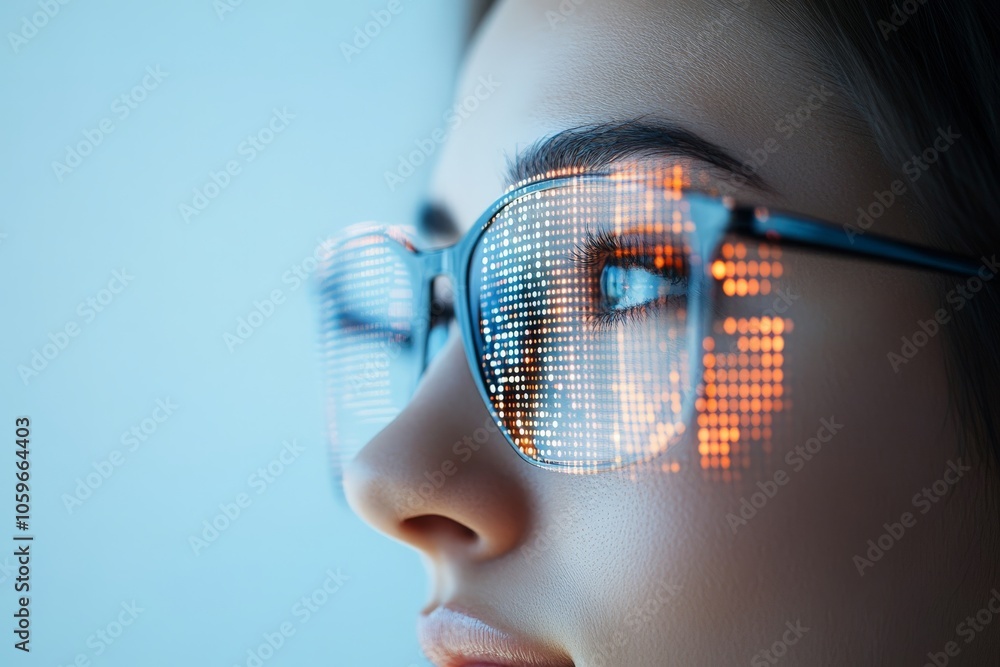 Poster close-up of reflective glasses showing a digital screen with technology, data, and futuristic concep