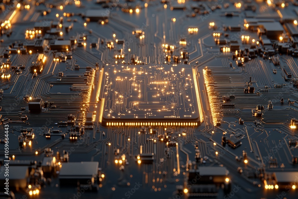 Poster a visually striking image of a motherboard with illuminated circuits and glowing elements, capturing