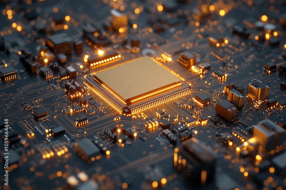 Poster a highly detailed image of a glowing processor surrounded by intricate circuitry, symbolizing advanc